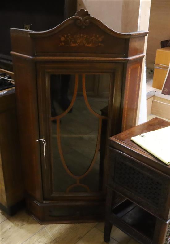 A Sheraton revival mahogany and marquetry corner cabinet H.107cm